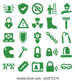 Safety icons set. set of 25 safety filled icons such as razor, siren, boot, barrier, cargo on palette, warning, chain, heart lock, house insurance, security lock, intercom