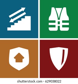 Safety icons set. set of 4 safety filled icons such as home security, life vest, shield