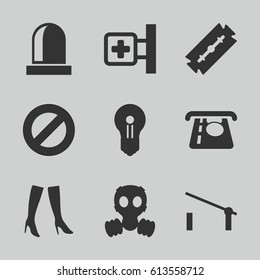 Safety icons set. set of 9 safety filled icons such as barrier, razor, ATM money withdraw, woman boots, medical cross, siren, gas mask, keyhole