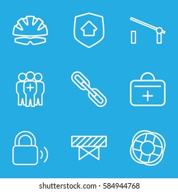 Safety Icons Set. Set Of 9 Safety Outline Icons Such As Barrier, Chain, Medical Group, First Aid Kit, Home Security, Lifebuoy, Lock