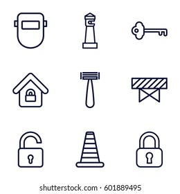 safety icons set. Set of 9 safety outline icons such as cone barrier, barrier, lighthouse, opened lock, razor, welder mask, lock home, key