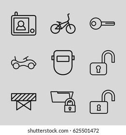 Safety icons set. set of 9 safety outline icons such as barrier, bike, welder mask, opened lock, key, intercom, bicycle, open lock