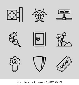 Safety icons set. set of 9 safety outline icons such as razor, safe, key, digging man, medical cross, hazzard, gear keyhole, shield