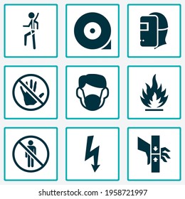 Safety icons set with chocked wheel, dust mask, electrical hazard and other fire elements. Isolated vector illustration safety icons. svg