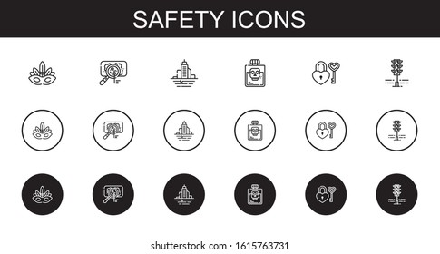 safety icons set. Collection of safety with eye mask, virus, flood, poison, padlock, traffic light. Editable and scalable safety icons.