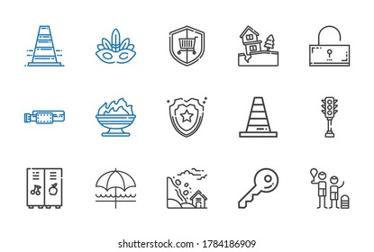 safety icons set. Collection of safety with family, key, landslide, sun umbrella, locker, traffic light, cone, shield, fire, belt, unlocked. Editable and scalable safety icons.