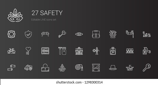 safety icons set. Collection of safety with hat, access, hose, flood, unlocked, ambulance, glove, poison, lifeguard, fire station, shaver. Editable and scalable safety icons.