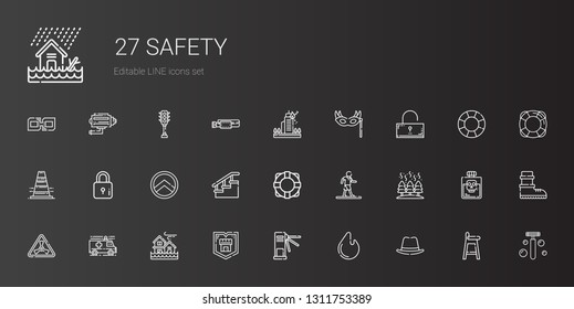 safety icons set. Collection of safety with hat, fire, turnstiles, shield, flood, ambulance, nuclear, walking, lifebuoy, stairs, lock, traffic cone. Editable and scalable safety icons.