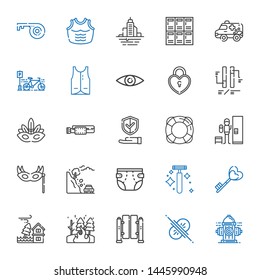 safety icons set. Collection of safety with hydrant, collision, turnstiles, fire, flood, key, razor, diaper, landslide, eye mask, locker, lifesaver. Editable and scalable safety icons.