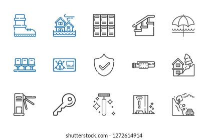 safety icons set. Collection of safety with landslide, wet floor, razor, key, turnstiles, belt, security, bug, seats, sun umbrella, stairs. Editable and scalable safety icons.