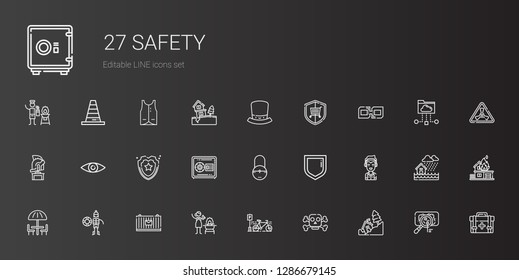 safety icons set. Collection of safety with landslide, poison, bicycle, fire, cargo, lifeguard, umbrella, marshall, security, padlock, safebox. Editable and scalable safety icons.