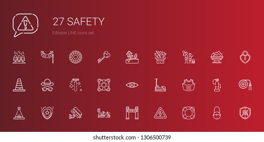 safety icons set. Collection of safety with lifesaver, high voltage, turntiles, bicycle, cctv, shield, hat, armor, bumper, security, razor. Editable and scalable safety icons.