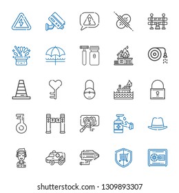 safety icons set. Collection of safety with safebox, security, cctv, ambulance, marshall, hat, antiseptic, virus, turntiles, key, padlock. Editable and scalable safety icons.