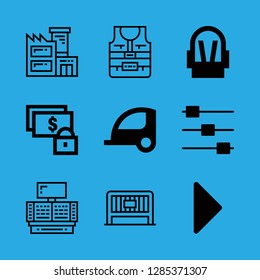 safety icons set with controls, triangular black right arrow and trailer vector set