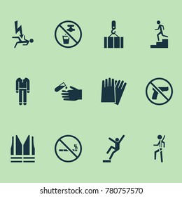 Safety icons set with fall hazard, no weapon, risk and other lifesaver elements. Isolated vector illustration safety icons.