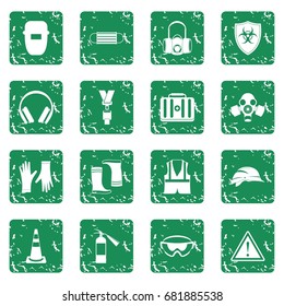Safety icons set in grunge style green isolated vector illustration