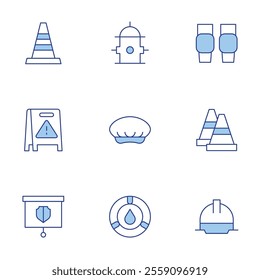 Safety icons set. Line Duotone style, editable stroke. wet floor, traffic cone, helmet, sprinkler, security, cone, cover, fire hydrant, knee pads.
