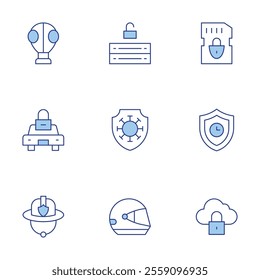 Safety icons set. Line Duotone style, editable stroke. gas mask, sd card, shield, car, safe, firefighter helmet, helmet, server, safety.