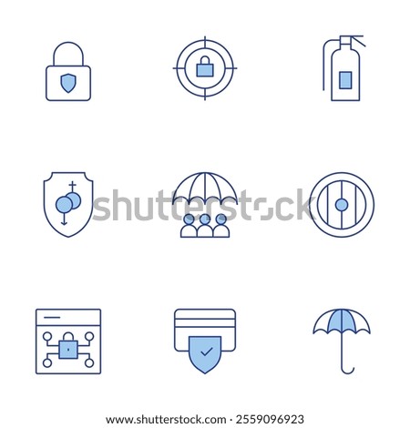 Safety icons set. Line Duotone style, editable stroke. safety, protection, target, lock, fire extinguisher, risk management, shield, umbrella.