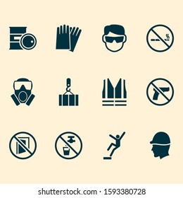 Safety icons set with overhead crane, hand protection, no smoking lifesaver elements. Isolated vector illustration safety icons.