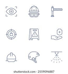 Safety icons set. Thin Line style, editable stroke. helmet, target, wet floor, hard hat, vision, sprinkler, gate, health insurance.