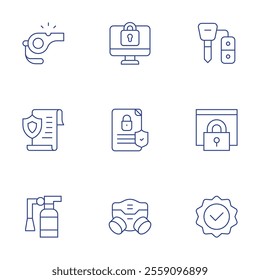 Safety icons set. Thin Line style, editable stroke. computer, contract, file, fire extinguisher, gas mask, key, padlock, quality, whistle.