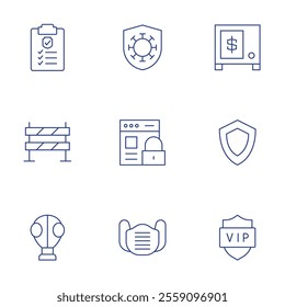 Safety icons set. Thin Line style, editable stroke. checklist, fence, gas mask, immunity, online security, protective mask, safety box, security, shield.