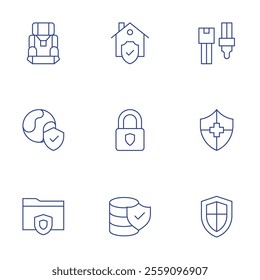 Safety icons set. Thin Line style, editable stroke. car chair, environment protection, folder, home, lock, protection, safety belt, safety, shield.