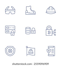 Safety icons set. Thin Line style, editable stroke. boot, database, flag, helmet, lock, principle, safety glasses, server, shield.