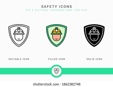 Safety icons set vector illustration with solid icon line style. Secure work accident concept. Editable stroke icon on isolated background for web design, user interface, mobile application