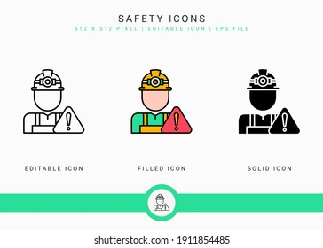 Safety icons set vector illustration with solid icon line style. Exclamation mark alert concept. Editable stroke icon on isolated background for web design, user interface, and mobile application