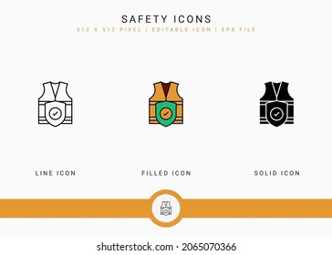 Safety icons set vector illustration with solid icon line style. Secure work accident concept. Editable stroke icon on isolated background for web design, user interface, and mobile application