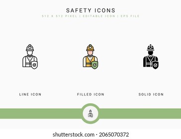 Sicherheitssymbole setzen Vektorgrafik mit fester Symbollinie. Sicheres Arbeitsunfallkonzept. Bearbeitbares Strichsymbol auf isoliertem Hintergrund für Webdesign, Benutzeroberfläche und mobile Anwendungen