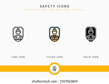 Safety icons set vector illustration with solid icon line style. Secure work accident concept. Editable stroke icon on isolated background for web design, user interface, and mobile application
