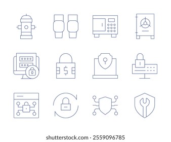 Safety icons. Thin Line style, editable stroke. hydrant, login, protection, safety box, security, shield, knee pads, padlock, reset, server.