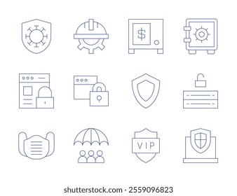 Safety icons. Thin Line style, editable stroke. immunity, online security, protective mask, safety box, security, shield, labor day, padlock, risk management, server.