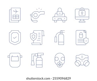 Safety icons. Thin Line style, editable stroke. computer, contract, file, fire extinguisher, gas mask, whistle, car, extinguisher, safety guide, shield, welding mask.