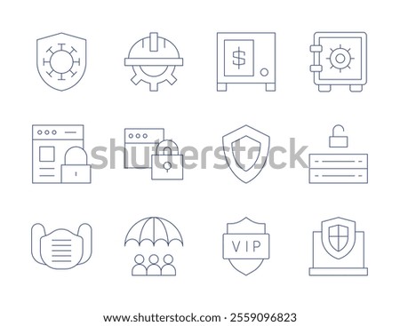 Safety icons. Thin Line style, editable stroke. immunity, online security, protective mask, safety box, security, shield, labor day, padlock, risk management, server.