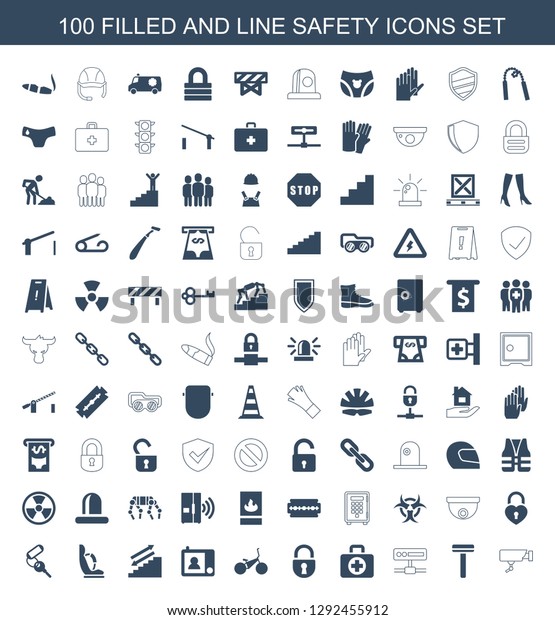 safety\
icons. Trendy 100 safety icons. Contain icons such as Security\
camera, razor, camera, first aid, lock, bicycle, intercom, stairs,\
baby seat in car. safety icon for web and\
mobile.