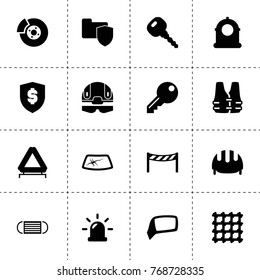 Safety icons. vector collection filled safety icons. includes symbols such as siren, car window repair, car key, break, road barrier. use for web, mobile and ui design.