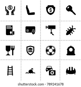Safety icons. vector collection filled safety icons. includes symbols such as sertificate, money shield, siren, car key, car first aid kit. use for web, mobile and ui design.