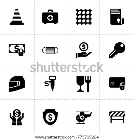 Safety icons. vector collection filled safety icons. includes symbols such as money insurance, sertificate, money shield, road barrier. use for web, mobile and ui design.
