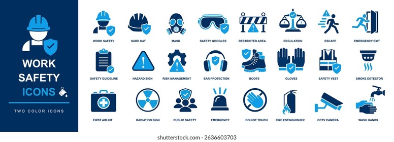 safety icons for workplace. work safety, protection, prevention, security, hazard, risk management, emergency etc conceptual icon set for banner.	