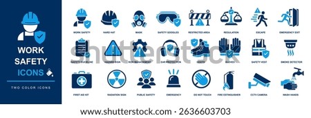 safety icons for workplace. work safety, protection, prevention, security, hazard, risk management, emergency etc conceptual icon set for banner.	