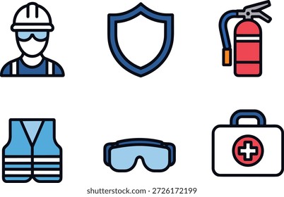Safety including worker hard hat fire extinguisher shield vest goggles first aid kit.