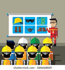 Safety induction illustration design on construction site project. Presentation of personal protective equipment.