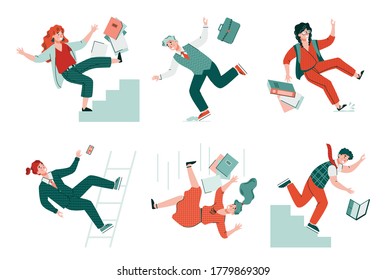 Safety and injury insurance icons set of falling people cartoon characters, flat vector illustration isolated on white background. Dangerous failure and accidents.