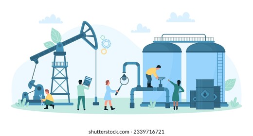 Safety inspection of oil industry equipment by workers vector illustration. Cartoon tiny people check facility of factory, steel pipelines and valves, drilling rig pumpjack and industrial tank
