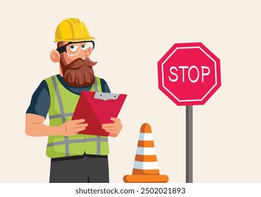 
Safety Inspector on Construction Site Vector Cartoon Character. Engineer preoccupied by the workplace safety and risk management 
