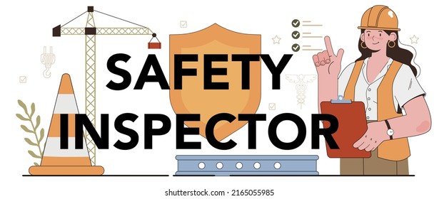 Safety inspector typographic header. OSHA inspection. Government public service protecting worker from health and safety hazards at the job place. Flat vector illustration
